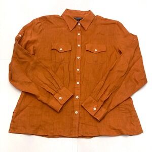 Lands' End 100% Linen Blouse Shirt Orange Womens 12 Roll Tab Long Sleeve Button